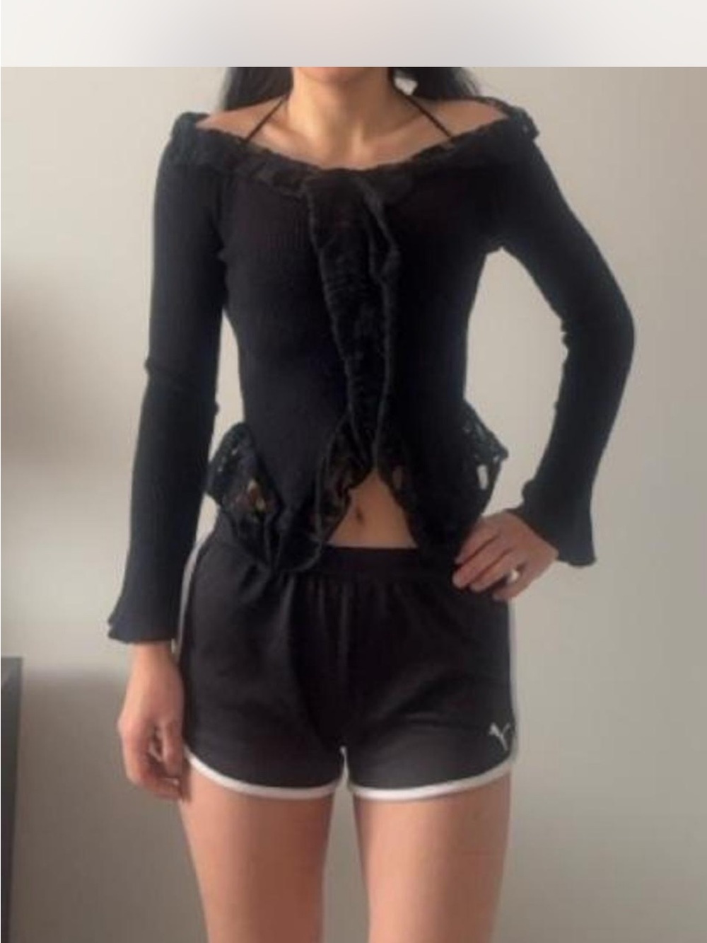 Black Lace-Trim Ruffles Off-Shoulder Ribbed Knit Sweater with Halter Top Tie